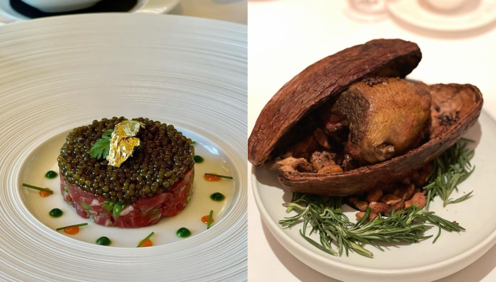 前菜方面，澳洲和牛他他拌法國生蠔配特級魚子醬是必定要試的菜式，高級魚子醬的香味教人一試難忘。至於主菜，法國乳鴿伴南瓜及榛子脆片配東方風味醬汁則是不可錯過的推介，乳鴿外皮脆口丶肉質鮮嫩，伴上惹味醬汁更加